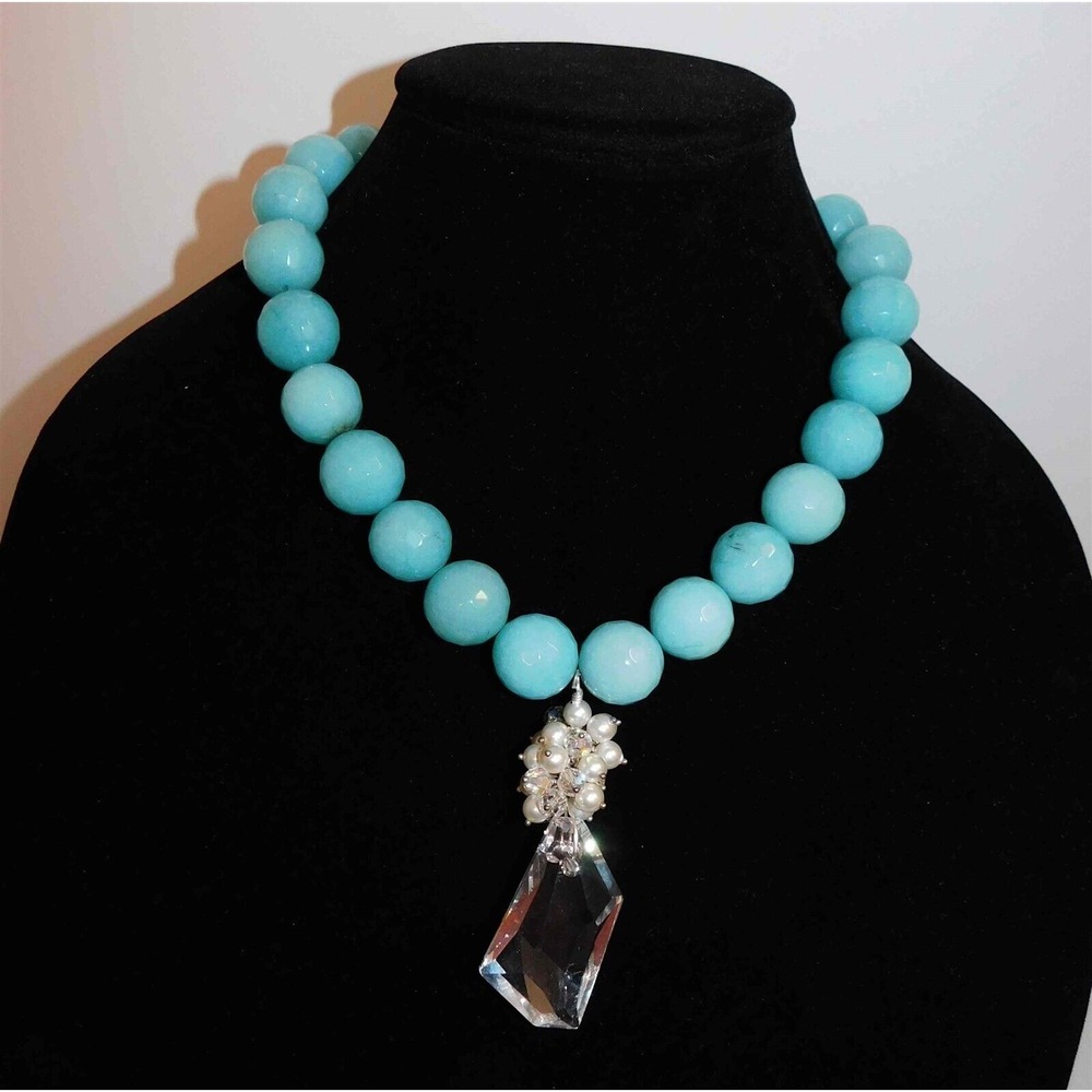 Kristine of Palm Beach Turquoise Blue Glass Beaded Statement Necklace 18 inch